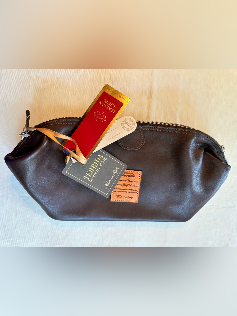 Terrida Genuine Calf Leather Toiletry Travel Bag Made in Italy Brown Zip Top NWT - Picture 5 of 14